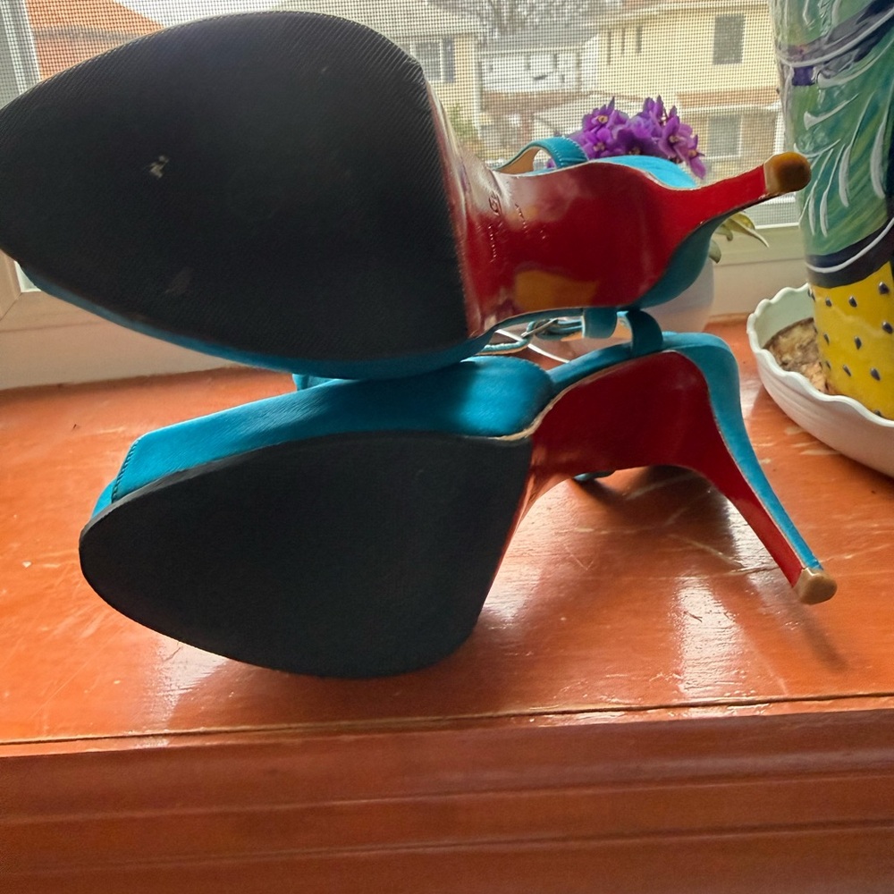 Christian Louboutin Teal Satin T-Strap Peep-Toe Heels with Bow Accent - Women - Picture 5 of 8